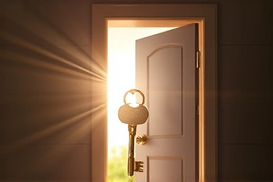 Key unlocking a dream home with hopeful light.